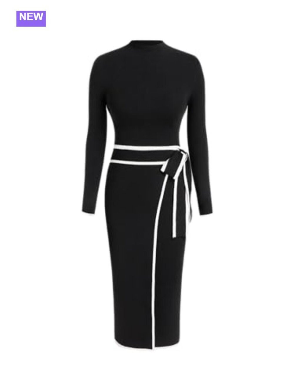 Mock Turtleneck Midi Sweater Dress Long Sleeve Belted Slim Fit
